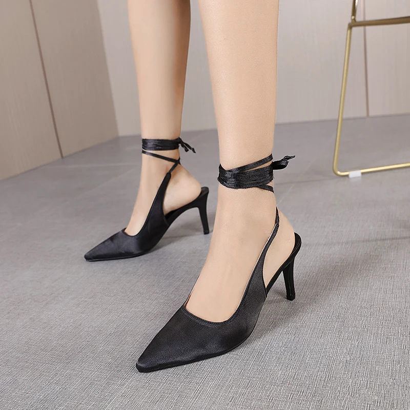 

Womens Crystal Strap Pumps Fashion Thin High Heels 2022 Spring Summer Gladiator Shoes Woman Nude Slingbacks Sandals Mujer