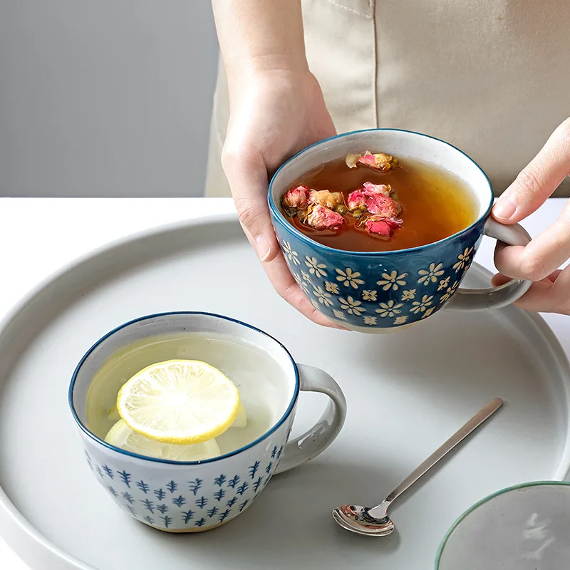 

Vintage Japanese Pottery Mugs Underglaze Ceramic Breakfast Coffee Milk Tea Cereal Cup Bowl Kitchen Home Decor Handmade Tableware