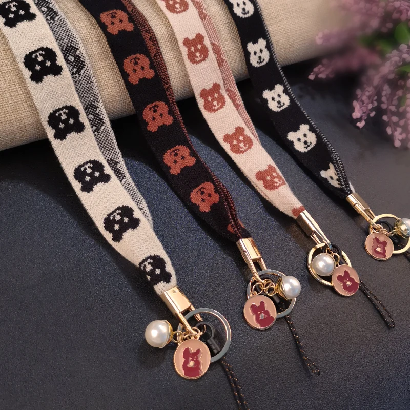 

Mobile phone lanyard, long halter neck pendant, knitting embroidery, wide band, winter style cartoon bear tag lanyard