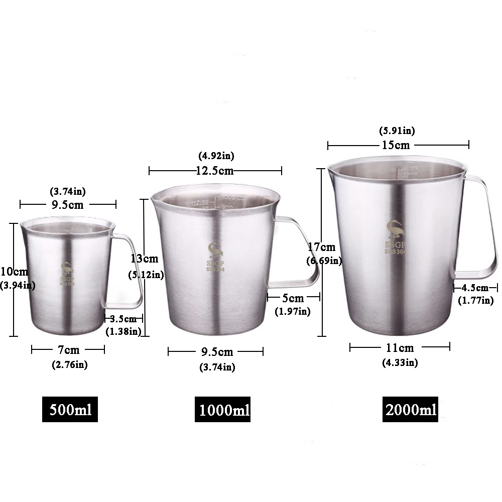 

BEEMSK thick stainless steel 304 measuring cup with scale 2000ml 1000ml 500ml kitchen baking tea large capacity measuring cup
