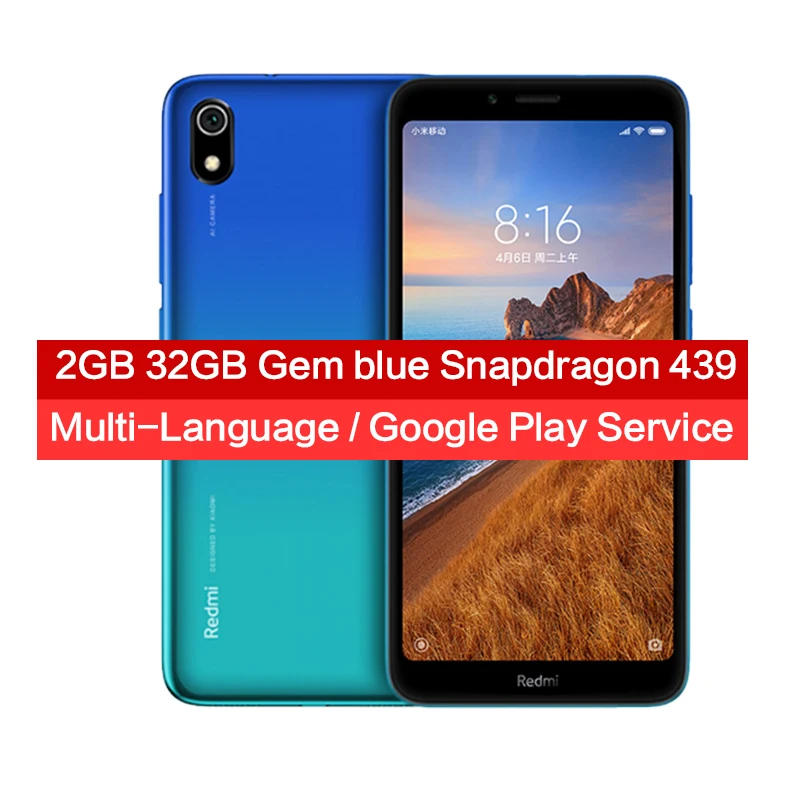 Blue 2GB 32GB Смартфон Xiaomi Redmi 7A с глобальной версией, 2 Гб, 32 ГБ, Восьмиядерный процессор Snapdargon 5,45 HD 439, аккумулятор 4000 мА · ч, долгий режим ожидания, мобильный телефон - Цвет: Blue 2GB 32GB
