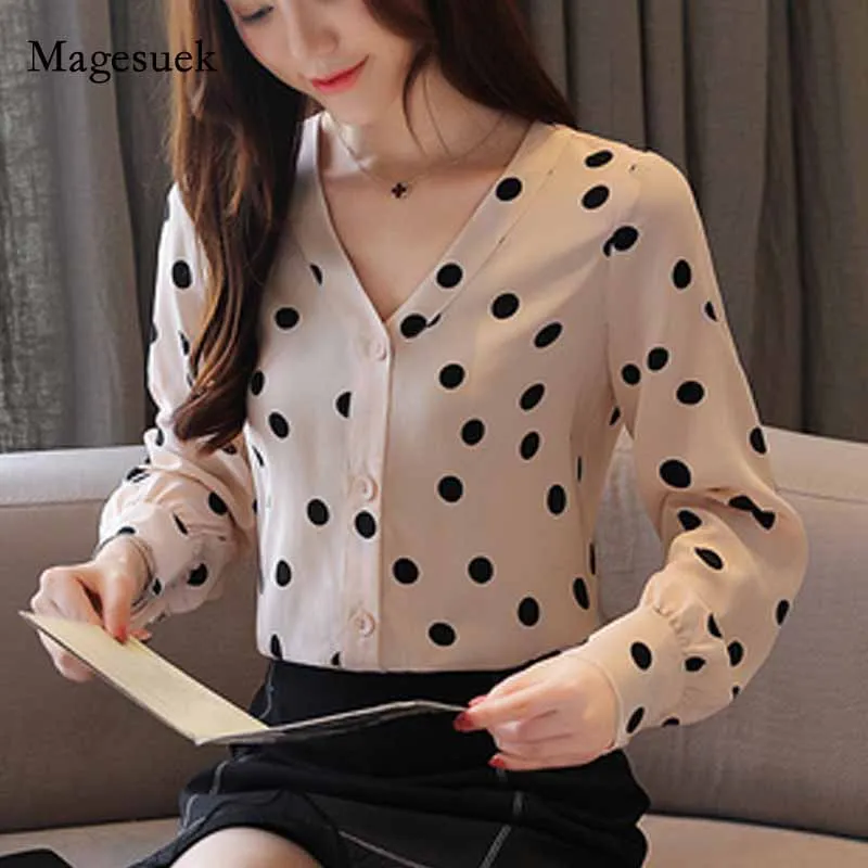 

Women Button Cardigan Women Blouse 2020 Autumn Office Lady Long Sleeve V-neck Polka Dot Chiffon Shirt Tops Blusas Mujer 10781