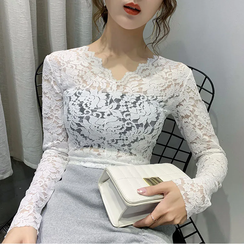 New V-Neck White Shirt Women Casual Long Sleeve Lace Blouse 2020 Hollow Out Autumn Tops Korean Style Clothes Womens Shirts | Женская