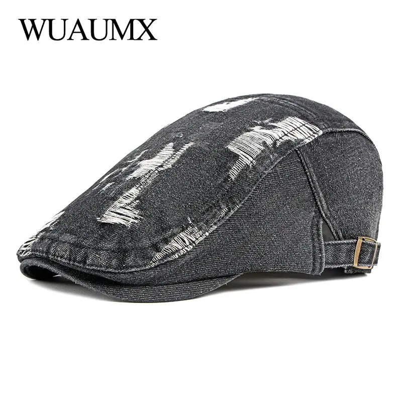

Wuaumx Unisex Retro Casual Mens Hats Spring Summer Denim Berets Hat Women Washed Cotton Duckbill Visors Herringbone Flat Caps