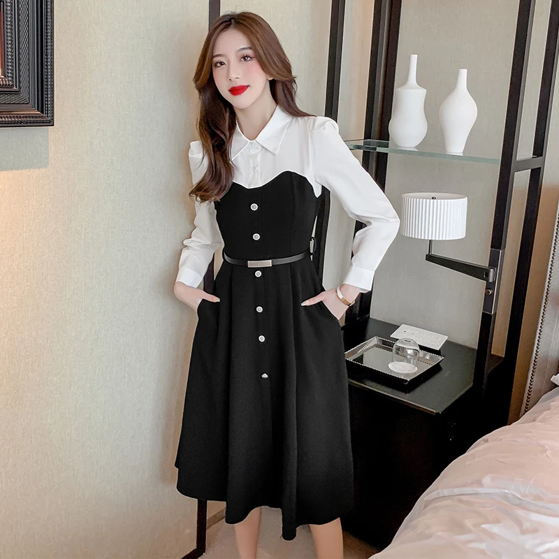

In Stock 2021 autumn slimming dress white and black stitching long-sleeved A-line dresses female belted long dress for women