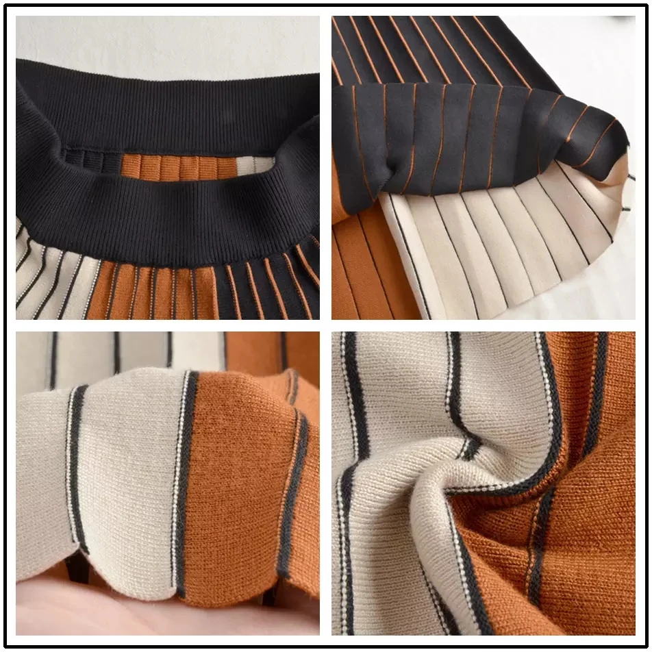 

High Quality Autumn/Winter 2021 Women'S High Waist Knitted Skirt Sexy Elastic Waist Striped Pleated Contrast Color Midi Skirt