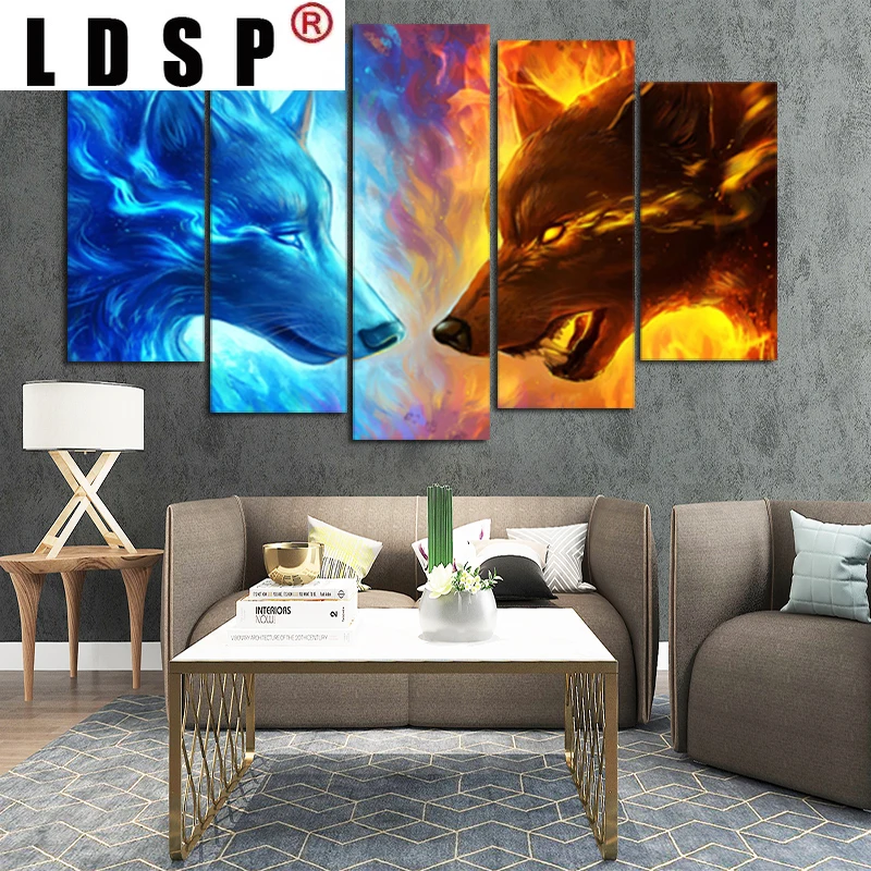 LDSP RELIABLI искусство 5 панелей лед и пламя волк холст живопись настенный плакат