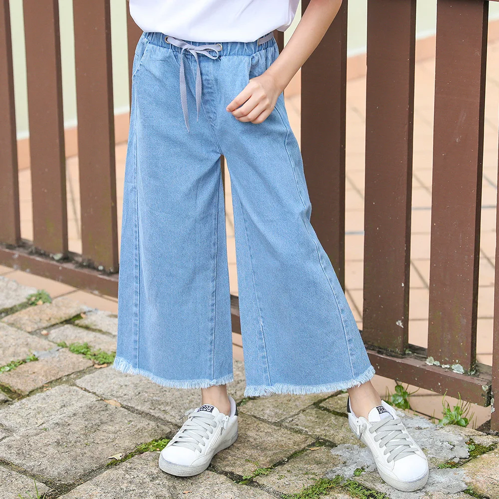 

2019 Children's Denim Pants Girls Tassel Wide Leg Pants Jeans Blue Loose Elastic Trousers Korean Style Bottoms for Teenagers