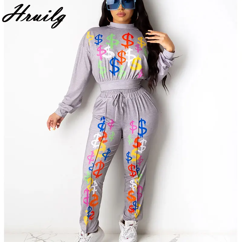 

Модный спортивный костюм с принтом, Женский свитшот с длинным рукавом, женские брюки, повседневный комплект из двух предметов с эластичным ...