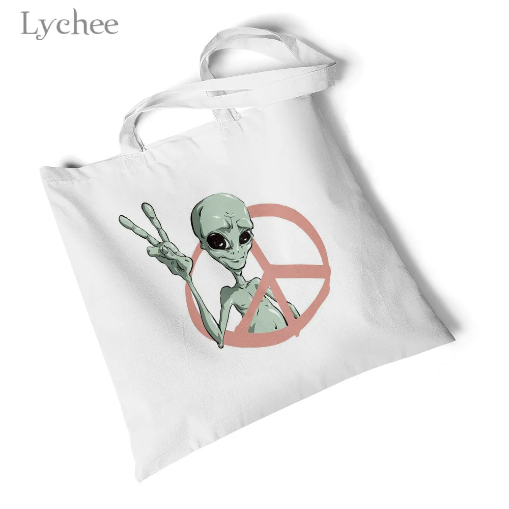 

Lychee Harajuku Funny Alien Print Women Canvas Tote Bag Shopping Cartoon Print White Zipper Fashion Travel Canvas Bags