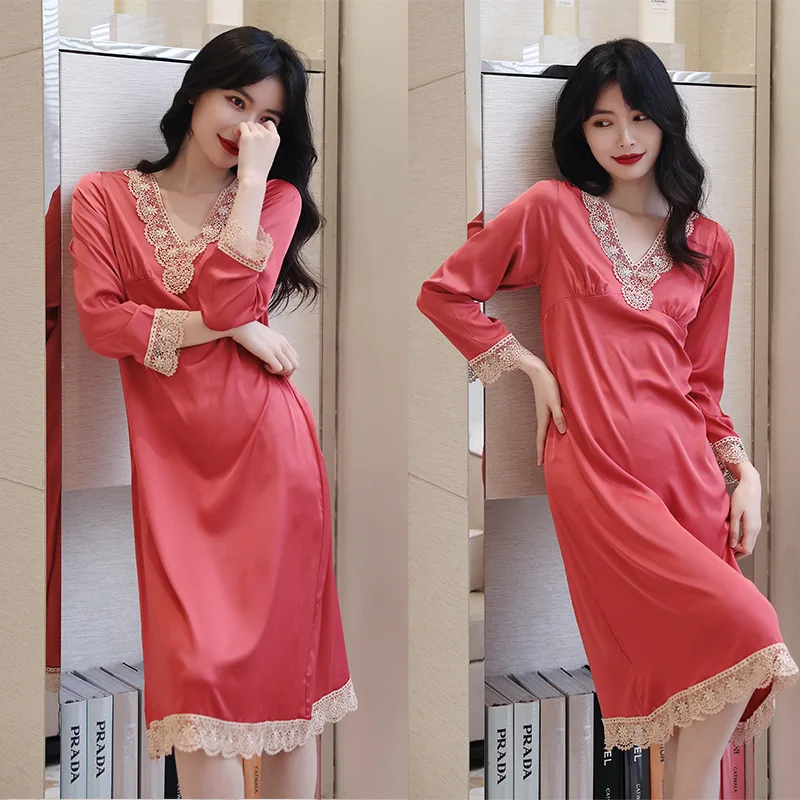 

Satin New Nightgown Summer Women Sleep Dress Lace Trim Sleepwear Long Sleeve Nightdress V-neck Home Dress Comfy Nightwear