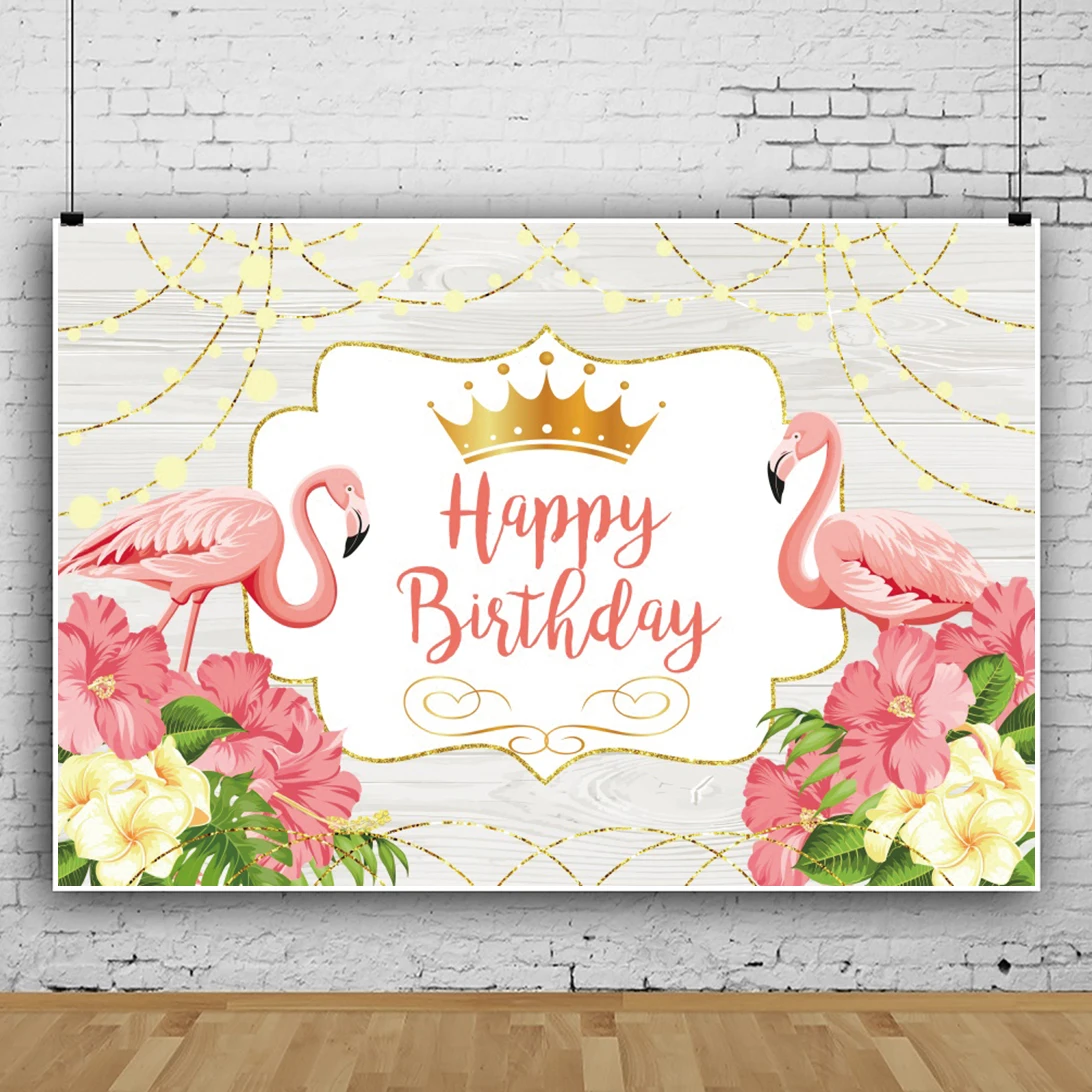 

Laeacco Flamingo White Wooden Boards Background Tropical Plant Flower Birthday Baby Portrait Customized Banner Photo Backdrops