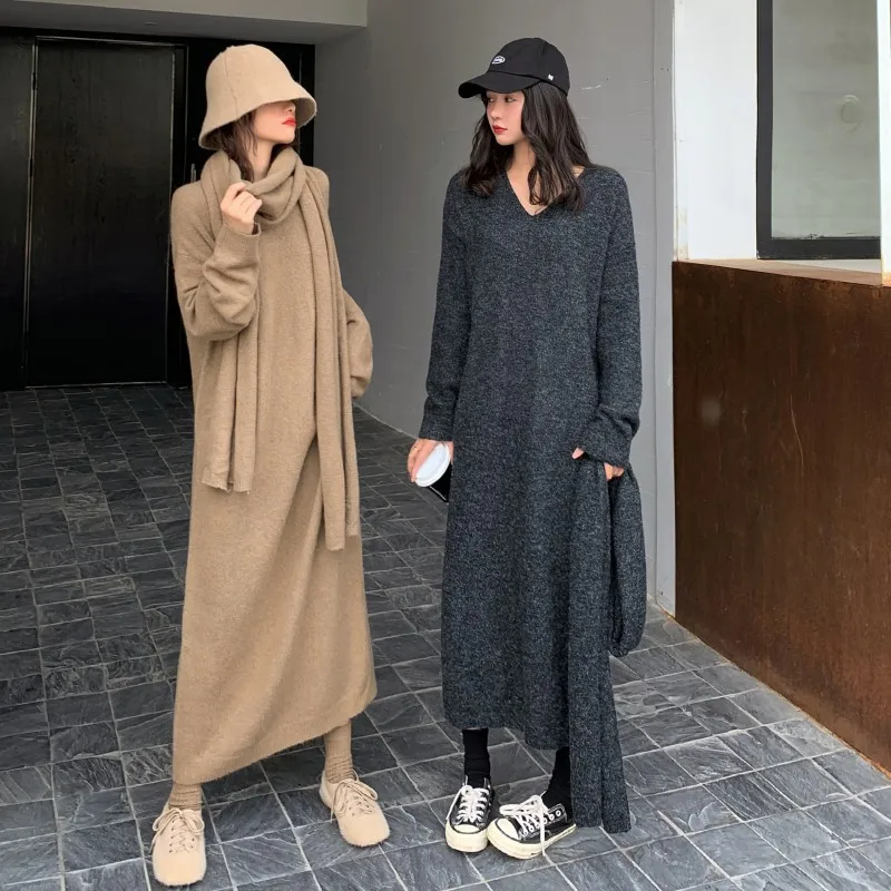 

2021Autumn And Winter V-Neck Loose Mid-Length Women's Knitted Warm Dress + Scarf