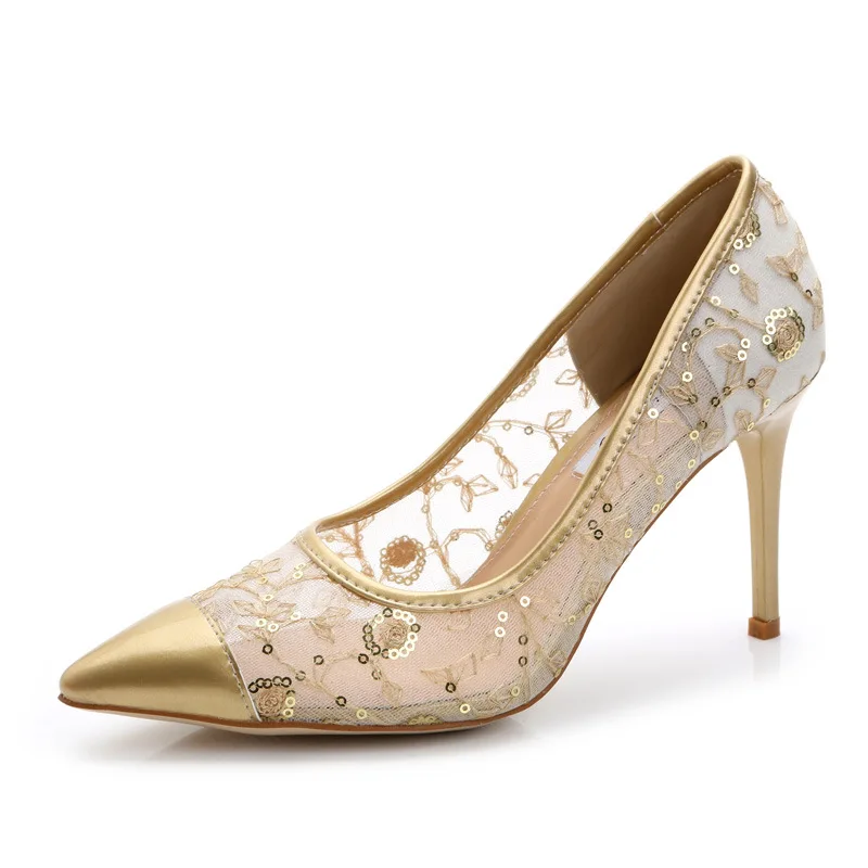 

2019 spring and summer new fashion elegant women's high-heeled sandals mesh breathable pointed shallow mouth stiletto shoes