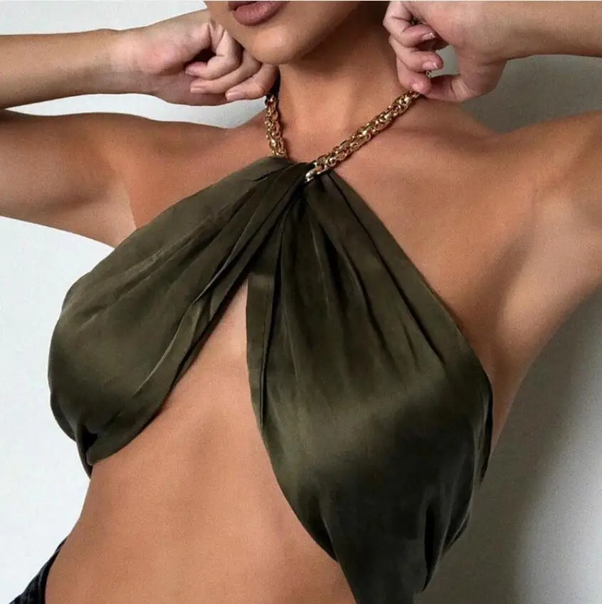 

Sexy Sleeveless Chain Halter Crop Tops Women Fashion Backless Club Party Sexy Wrap Summer Top Cropped q82