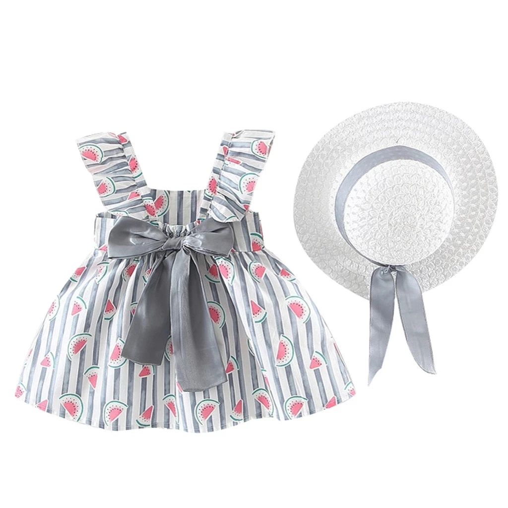 

Baby Girl Dress Summer Cotton Watermelon Print Pink &Grey Princess Dress Clothes Hat Sets For Infant Girl