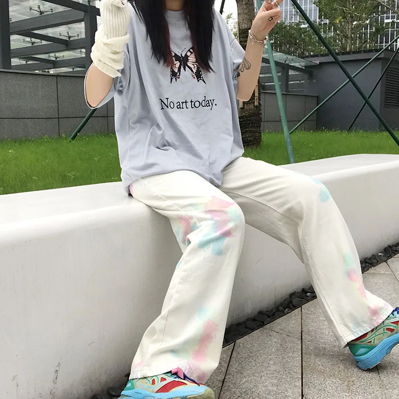 

Japnese Autumn Woman Jeans Straight Tie-Dyed Wide Leg Pant High Waist Long Length Denim Pants Fashion Loose Women Trousers