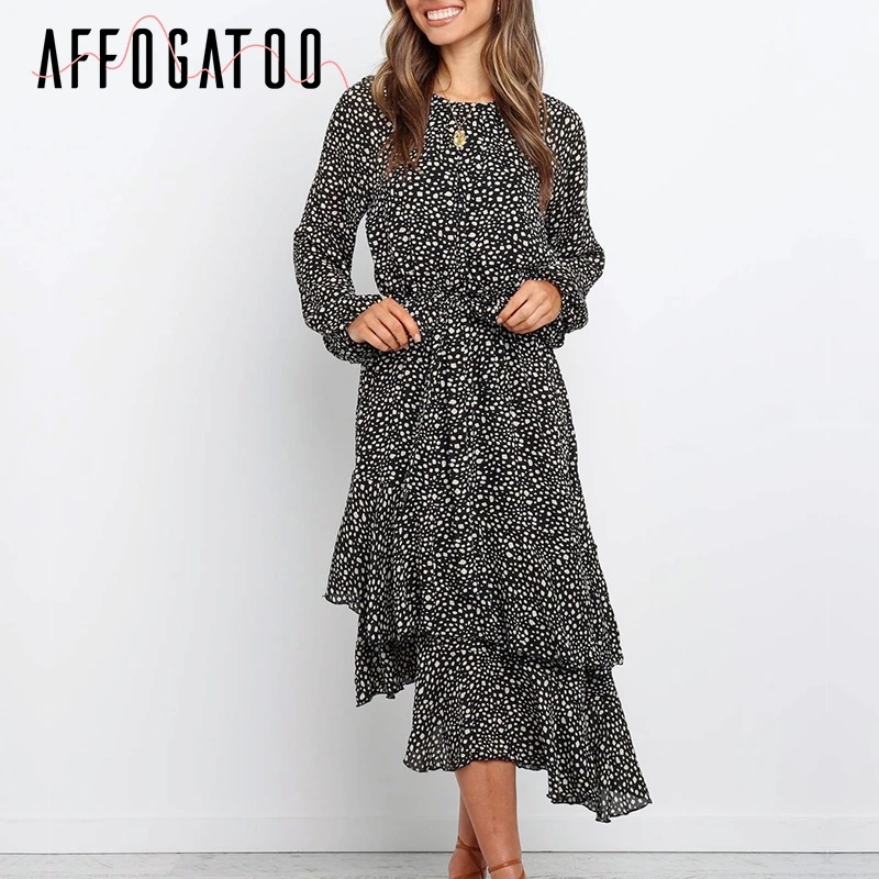 Afogafoo элегантное осеннее платье с оборками в горошек и принтом женские платья
