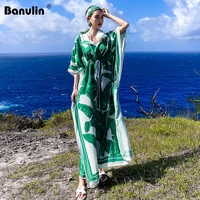 banulin plus size summer boho maxi dress for womens bating sleeve green leaves print loose long dress robe ete femme 2020