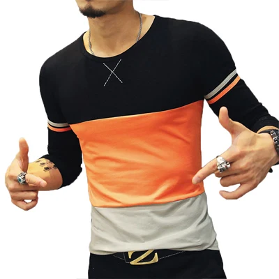 T633 Orange Лидер продаж, осенняя мужская футболка, модная Лоскутная футболка с длинным рукавом, Мужская одежда, трендовая приталенная Повседневная футболка с пуговицами, 5XL - Цвет: T633 Orange