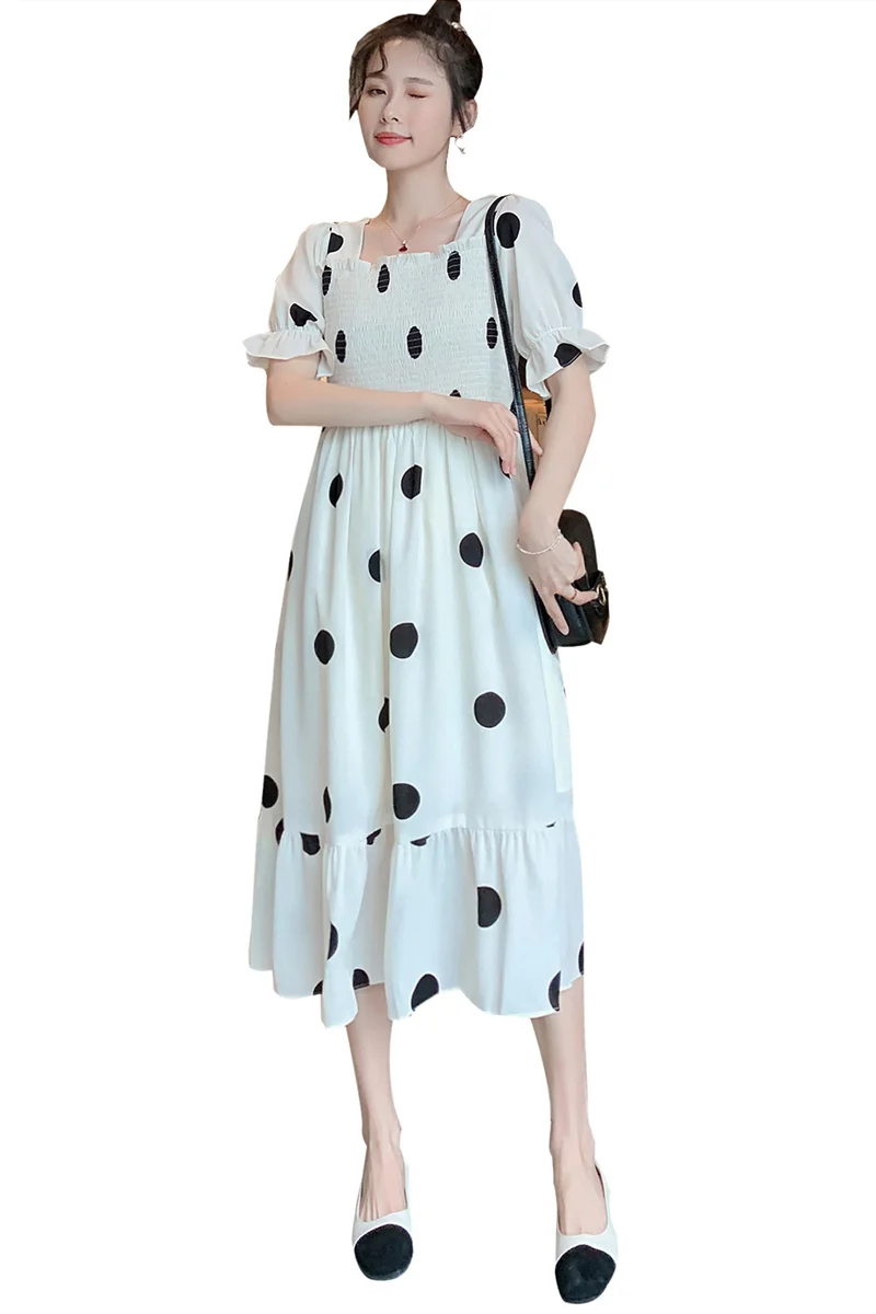 

8101# Dot Printed Chiffon Maternity Party Long Dress Sweet 2020 Summer Fashion Clothes for Pregnant Women Charming Pregnancy
