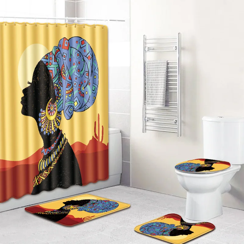 4 Pcs/Set Fashion African American Women Shower Curtains with Hooks Bath Rug Sets Non Slip Carpet Toilet Cover Mat Set | Дом и сад