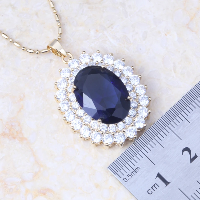 Love Monologue Classic Blue Crystal &amp Cubic Zirconia Yellow Gold Color Necklace Pendant Drop Earrings Bridal Jewelry Sets KT003 |