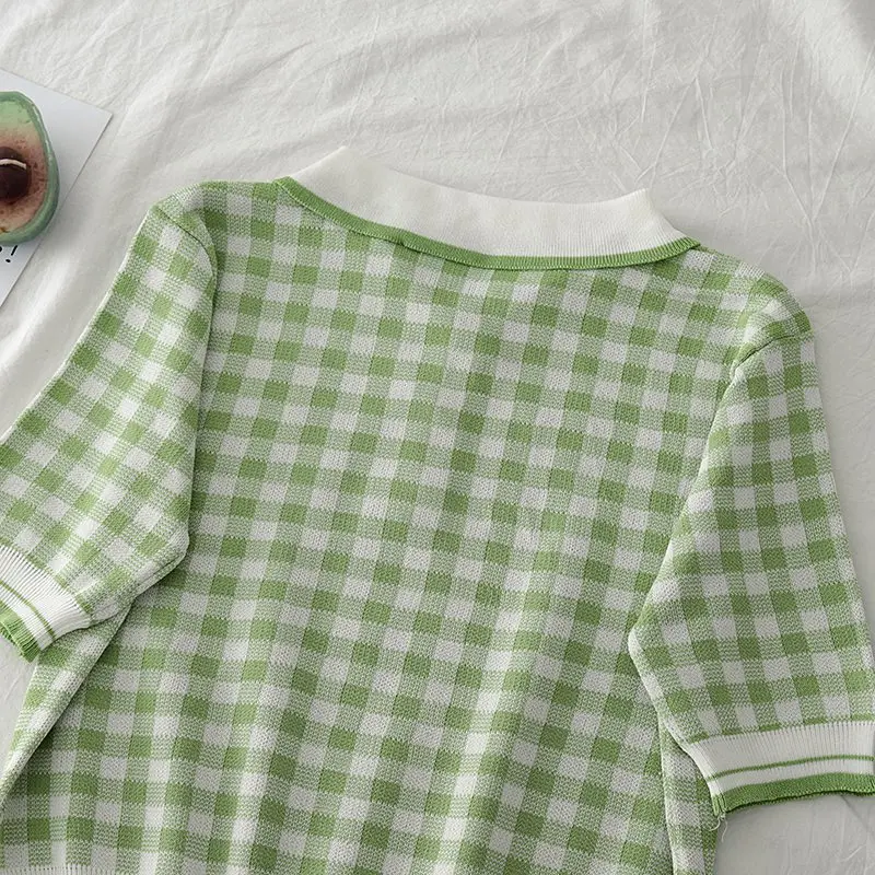 

Women Casual Style T-shirt Summer Short Sleeve Lapel Single-breasted Plaid Pullover
