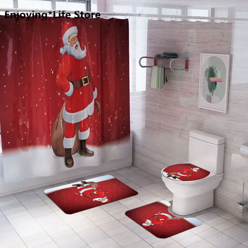 

Christmas Printing Bathroom Shower Curtain Carpet Floor Mat Combination Toilet Mat Bathroom Curtain Set U Bath Mat