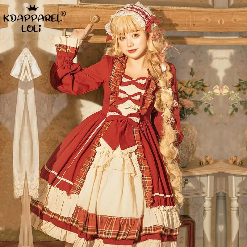 

Sweet Women Lolita Girls OP Dress Burgundy Full Sleeve Lace Ruffles Bowknots Teens Cosplay Birthday Party Spring Autumn 2021 New