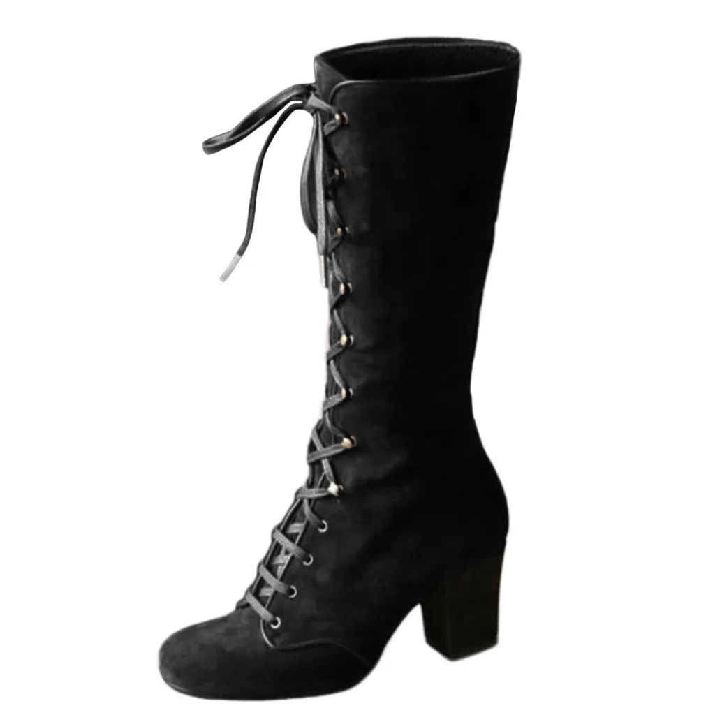 Women Long Boots Casual Lace Up Autumn Winter Thigh High Boots Botas Mujer Footwear Retro Mid-Calf Boots Thick Heels Shoes#930