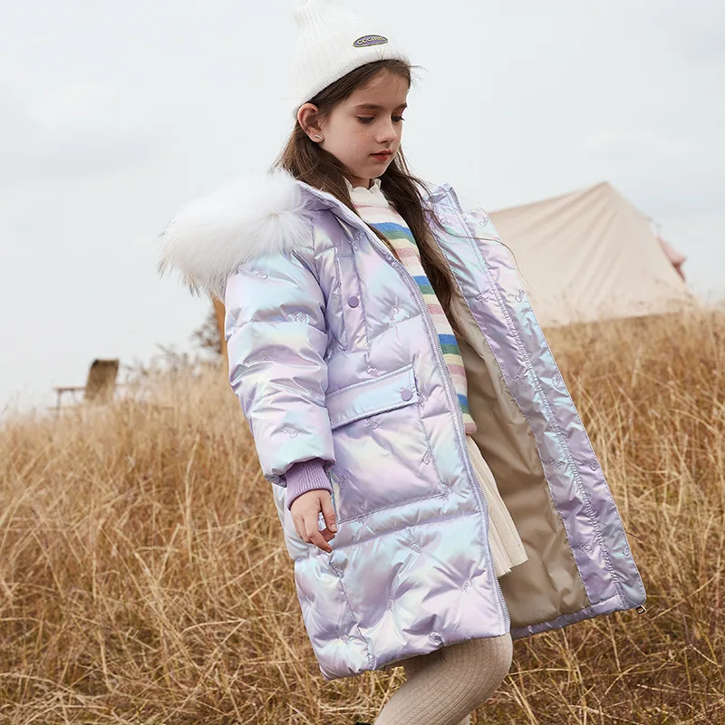 Детский пуховик на 90% белом утином пуху одежда для девочек длинное плотное