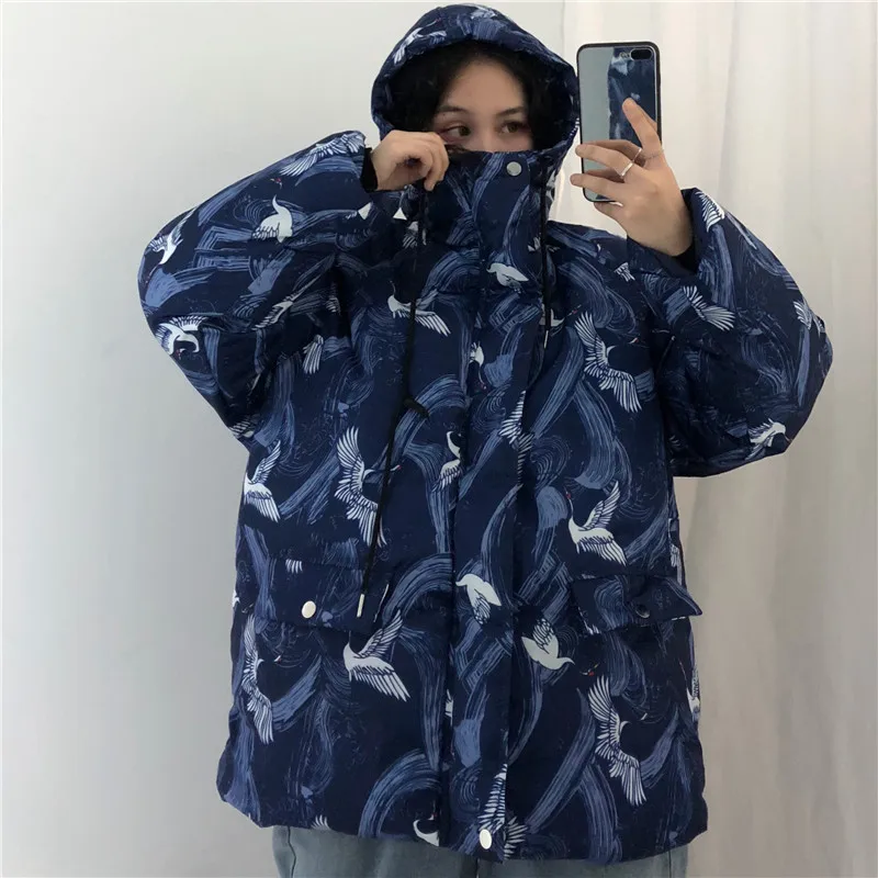 Woherb Harajuku куртки зимняя женская стеганая парка винтажный кран печати свободная японская стеганая куртка с капюшоном Femme Chaqueta Mujer