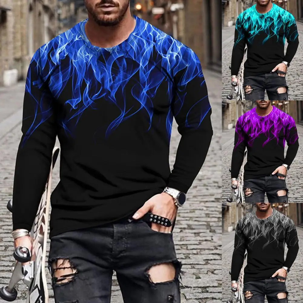 Men's Shirt 3D Print Round Neck Casual Fire Print Shirt All Match Long Sleeve Spring Top Casual Plus Size Tees Tops рубашка