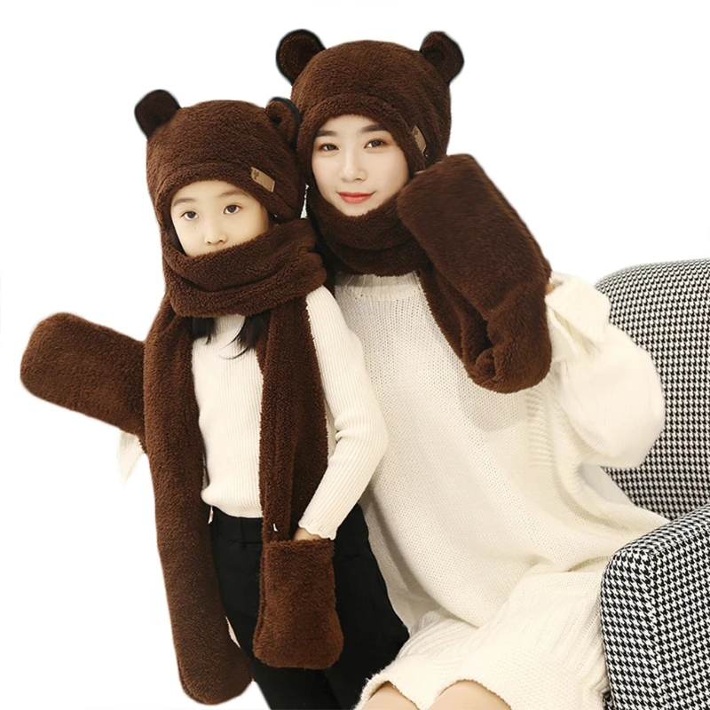 

Parent-Child Family Matching Winter 3 In 1 Scarf Hat Gloves Cute Bear Ears Winter Fluffy Plush Hoodie Earflap Cap Warmer