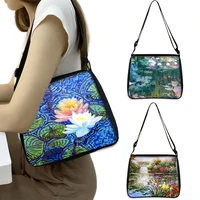 vintage painting water lily handbag monet lotus shoulder bag ladies underarm shopping bag women messenger bag canvas clutch gift