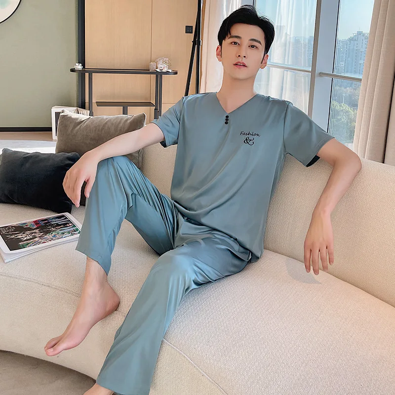 

Couple Pajamas Oversized 2021 New Pyjamas Pour Femme 2 Pieces Sets Pj's Short Sleeve Home Wear Satin Summer Sleepwear For Men