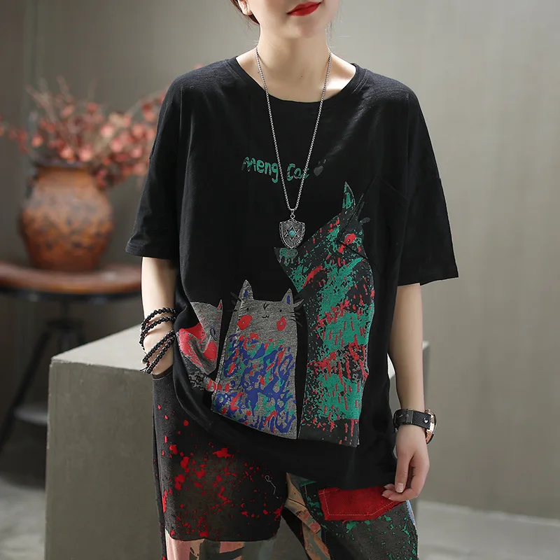 

Soft Cotton Cartoon Printing Casual T Shirts For Women Loose Short Sleeve Tops Female Tees Solid Color Vintage Pullovers Z2