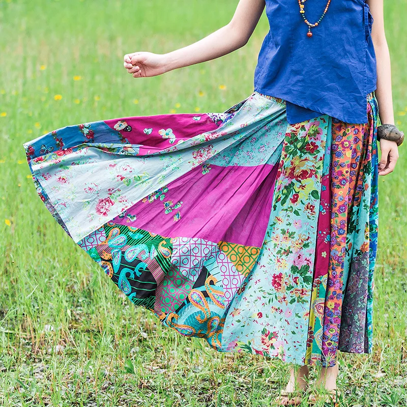 Ethnic Style Women's Cotton Printed Skirt Drawstring Waist patchwork Bohemian Skirt Summer skirt