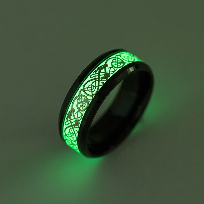 

Bxzyrt Luminous Inlay Dragon Pattern Ring Stainless Steel Inlay Green Background Fashion Men Fluorescent Glowing Black Rings