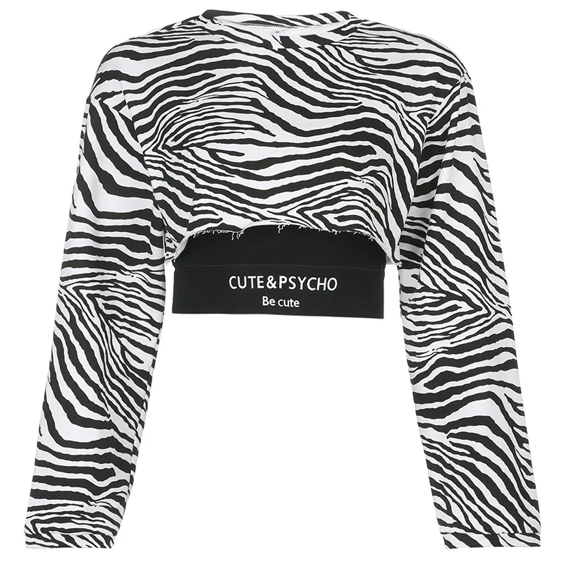 

Letter Zebra Print Streetwear Two-Piece Suit 2021 Spring Long Sleeve Short Women Pullover Shirt Casual Fashion Camis Crop Tops