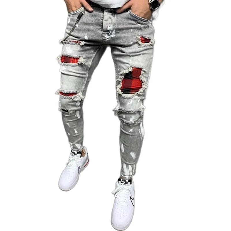 3 Styles Men Ripped Skinny Biker Embroidery Print Jeans Destroyed Hole Taped Slim Fit Stretchy Denim Scratched High Quality Jean