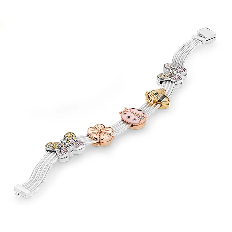 

XIAOYI 2020 new 100% S925 Spring clasp wide bracelet bee ladybug flower butterfly garden series Suitable female gift beautiful