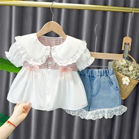 summer baby girls clothing sets toddler infant bow knot lace princess shirt denim shorts kids children fashion clothes