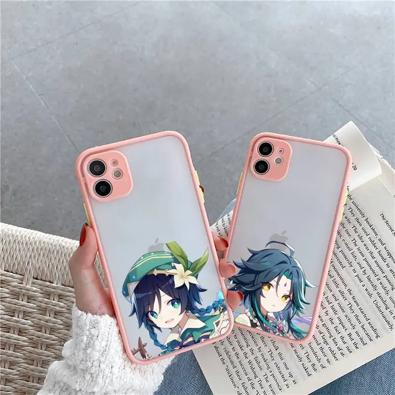 

Genshin impact cute cartoon Phone Case For iPhone 12 11 Mini Pro XR XS Max 7 8 Plus X Matte transparent Pink Back Cover