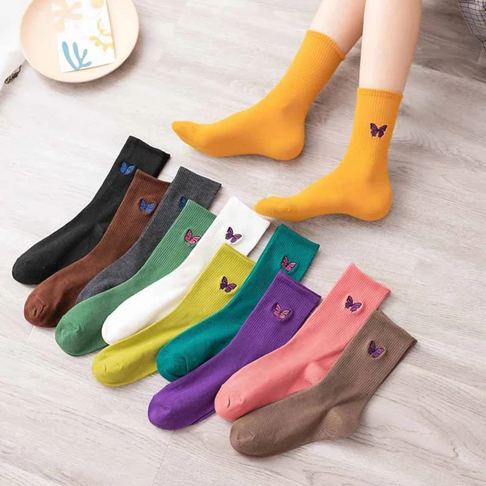 

Spring Woman Socks Solid Color Butterfly Printted Socks Fashion Soft Cotton Breathable Ladies Female Socks Sokken