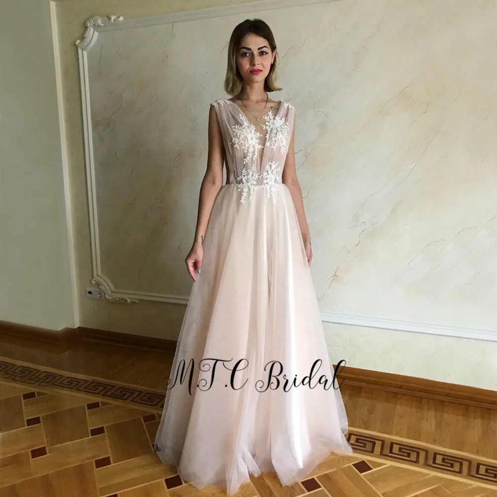 

New 2019 Ivory Long Tulle Evening Dress With Lace A Line Sleeveless Formal Prom Gowns Cheap Women Wedding Party Dresses