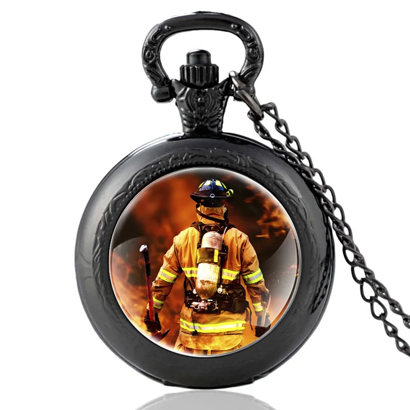 Черные классические кварцевые карманные часы со стеклянным кабошоном для пожарного храброго управления, винтажные мужские и женские часы ...