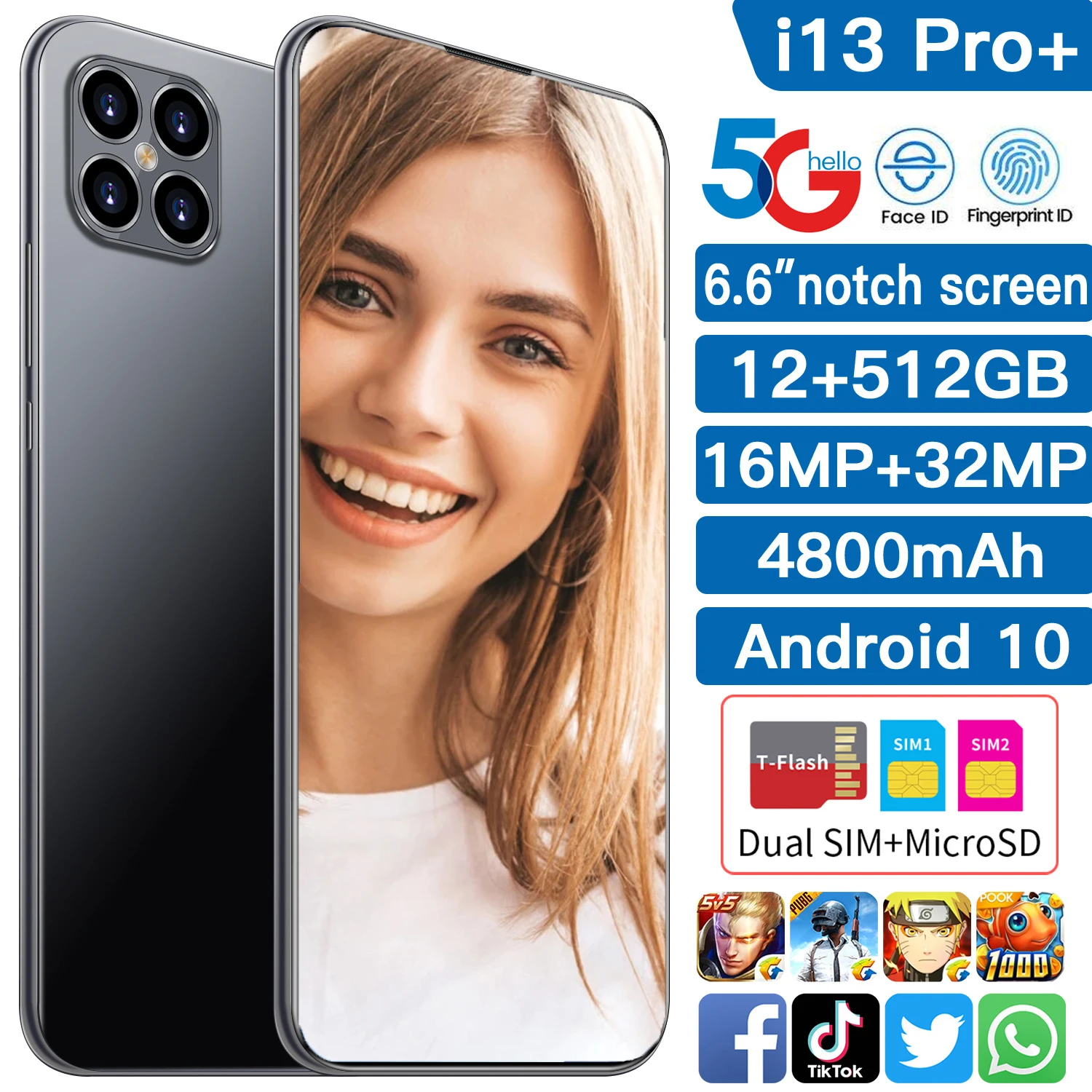 

5G I13 Pro Global Version 6.6 Inch Smartphone 8 Core 12GB 512GB 16MP 32MP 4800mAh Android 10 Face ID Snapdragon 888 Mobile Phone