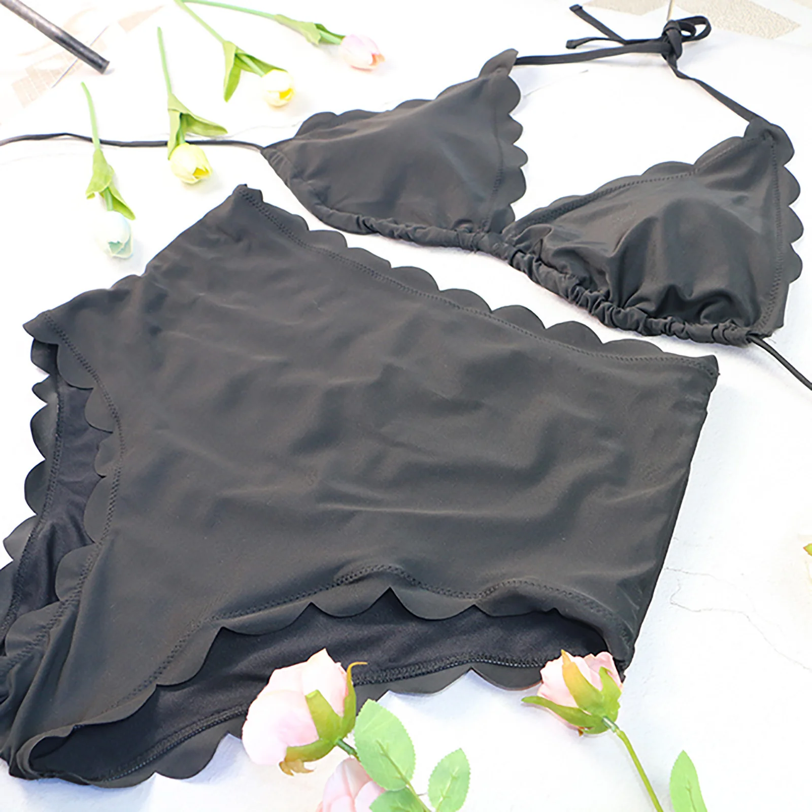 

Women's Scalloped Swimwear High Waisted Wide Strap Adjustable Back Lace-up Bikini Set Swimsuit bikinis 2021 mujer micro bikini